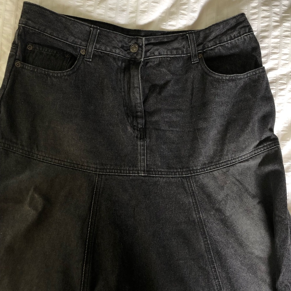 Dropped waist denim maxi skirt